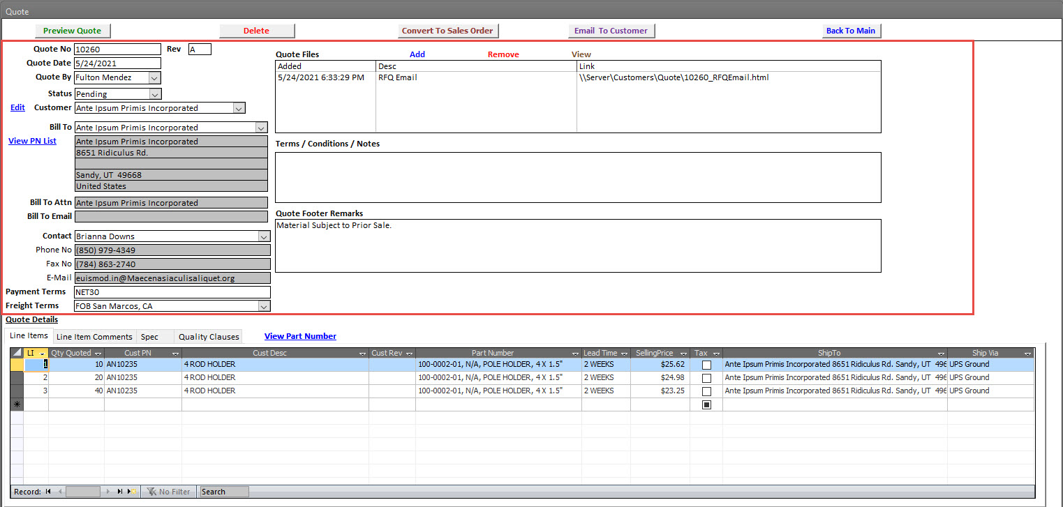 Quote Management Main Information