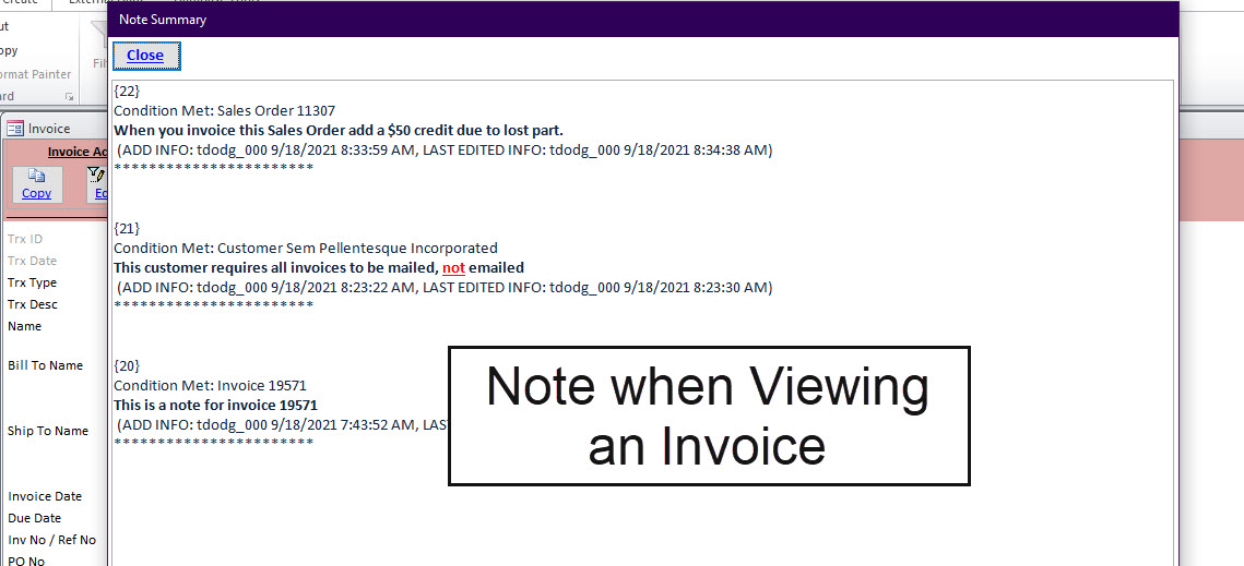Note Example In Front of Record Note When Viewing Invoice