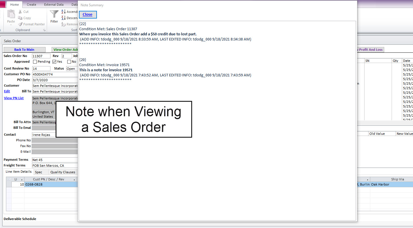 Note Example In Front of Sales Order Note When Viewing Sales Order