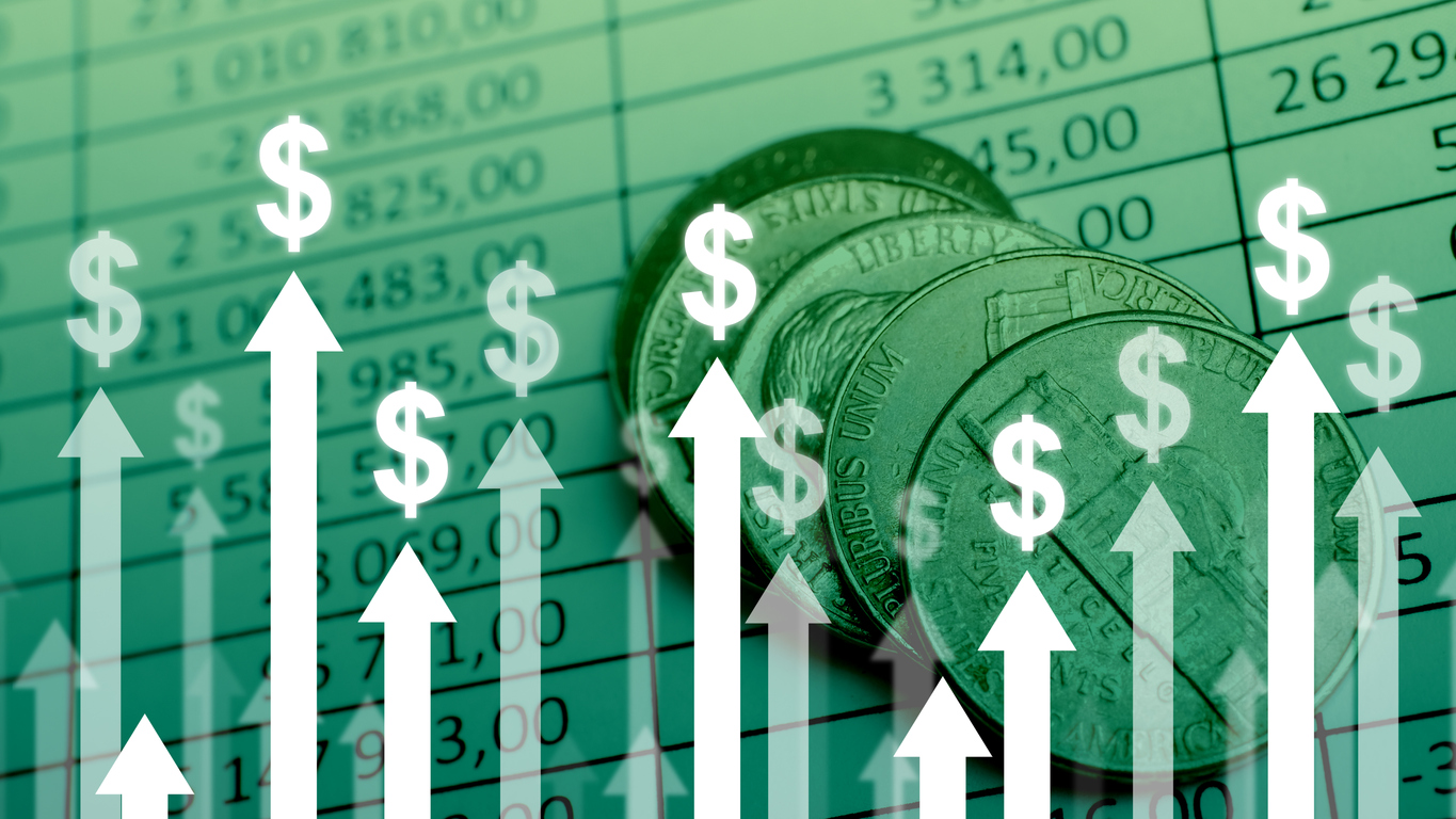 Dollar currency growth concept with upward arrows on charts and coins background Purchase Price Variance