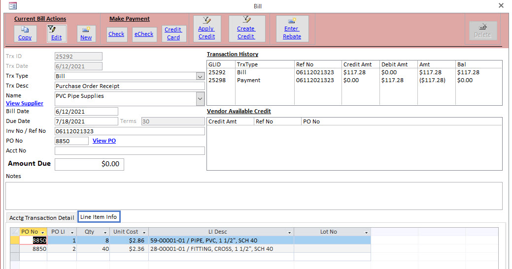 Account Payable Bill with PO Line Item Details Bill - Showing Purchase Order Line-Item Detail<br />