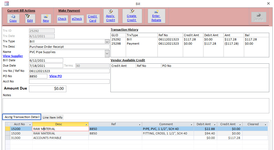 Purchase Order Receipt Bill Transaction Detail Bill - Purchase Order Receipt